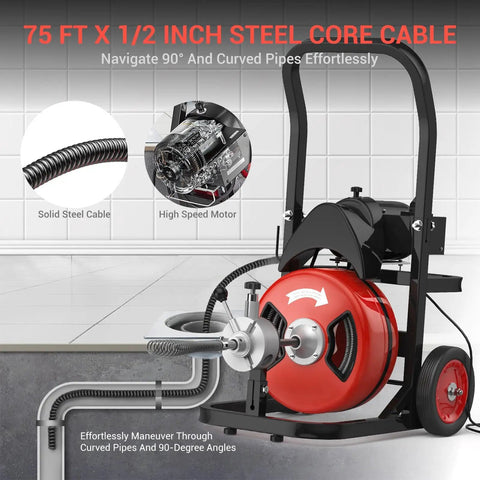 Knock Out Stubborn Pipe Clogs For Good With This Heavy Duty 75 Foot Electric Drain Snake featuring a 75 ft steel core cable.
