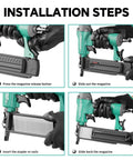 Installation steps for Heavy Duty Pneumatic Brad Nailer 18 Gauge; sliding out magazine and inserting nails.