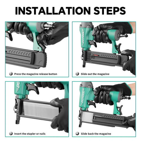 Installation steps for Heavy Duty Pneumatic Brad Nailer 18 Gauge; sliding out magazine and inserting nails.
