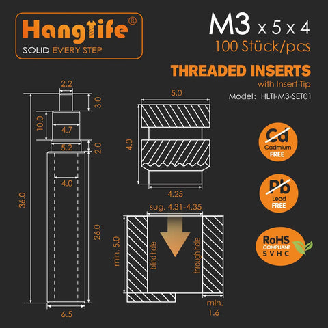 Top Shelf M3 Heat Set Threaded Inserts For 3D Printing Projects And Plastic Reinforcement 100 unit dimensions diagram.