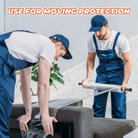 Two workers using Beefy Heavy Duty Stretch Wrap With Handles 15 Inch X 1000 Feet 60 Gauge Film Roll Pallet Wrapping on furniture