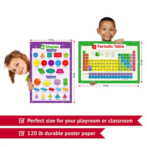 Smiling kids holding Educational Poster Bundle For Kids With 32 Laminated Posters, showing shapes and periodic table.
