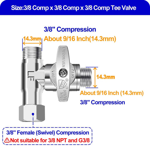 Add-A-Tee Valve Connector 3/8 Inch X 3/8 Inch X 3/8 Inch Nichrome Brass With Gasket Lead-Free Chrome-Plated Tee diagram.