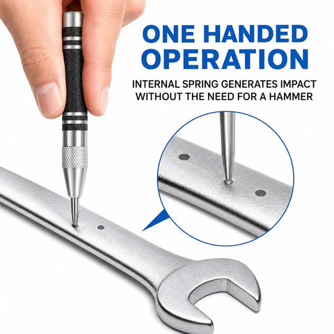 Heavy Duty Automatic Center Punch With Kickass Spring Loaded Design And Adjustable Tension For Precision Dimpling on metal wrench