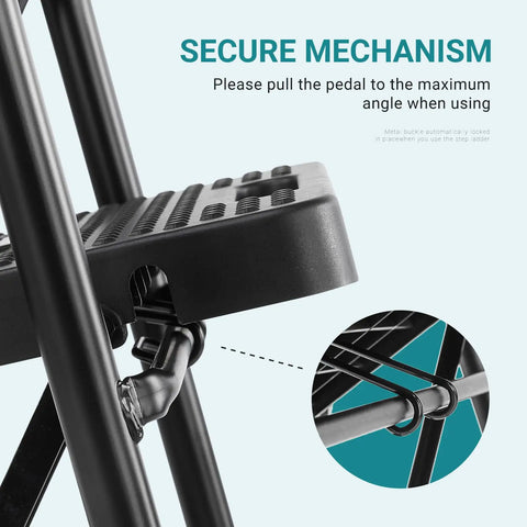 Secure mechanism detail on Built Tough Heavy Duty Steel Step Ladder With Anti Slip Pedal And Comfortable Handrail 800 Pounds Capacity