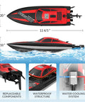 High Speed RC Boat With LED Hull Lights For Adults Up To 20 MPH Remote Control Boat 2.4GHz With Two Rechargeable Batteries For Pools And Lakes Red Gift Idea side and top view dimensions
