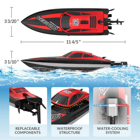 High Speed RC Boat With LED Hull Lights For Adults Up To 20 MPH Remote Control Boat 2.4GHz With Two Rechargeable Batteries For Pools And Lakes Red Gift Idea side and top view dimensions