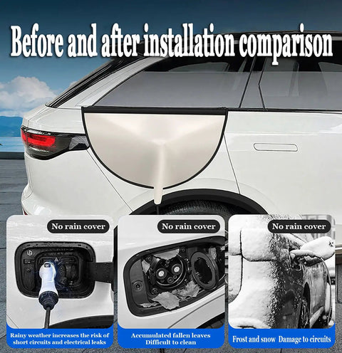 Before and after installation comparison of Beefy Magnetic EV Charger Port Cover For Hyundai Ioniq 5 And Ioniq 6 showing protection in beige.