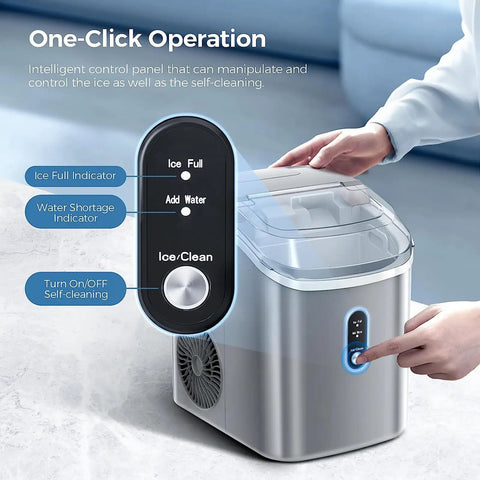 Quiet Countertop Nugget Ice Machine Packs Self Cleaning Tech And Instant Chill Power To Drop Snack Sized Pebble Ice showing user operation panel.