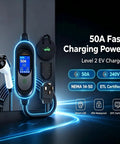 Portable Level 2 EV Charger 50 Amp 240 Volt Nema 1450 Plug With 25 Foot Cable For Blazing Fast Charging Up To 45 Mph featuring smart LCD panel.