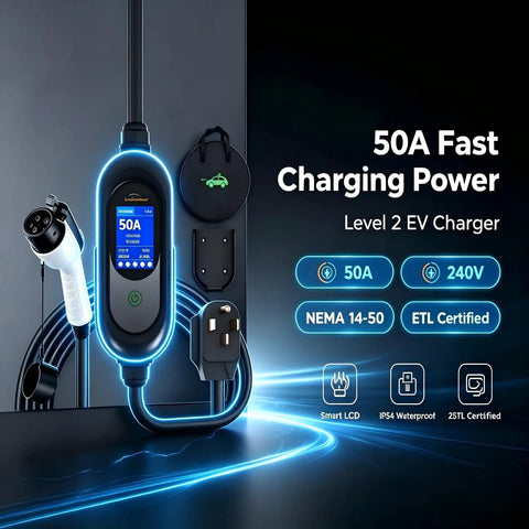 Portable Level 2 EV Charger 50 Amp 240 Volt Nema 1450 Plug With 25 Foot Cable For Blazing Fast Charging Up To 45 Mph featuring smart LCD panel.