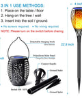 Sun Powered Solar Torch Lights Outdoor Flickering Flame 3 In 1 Detachable Hanging Lanterns No Wiring Auto On Off IP65 Waterproof Tiki Torches For Garden Path Patio Yard Decor 6 Pack displayed with detachable parts, hanging hook, and ground spike.