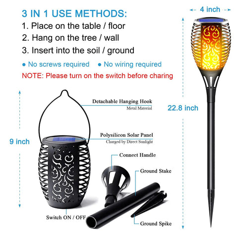 Sun Powered Solar Torch Lights Outdoor Flickering Flame 3 In 1 Detachable Hanging Lanterns No Wiring Auto On Off IP65 Waterproof Tiki Torches For Garden Path Patio Yard Decor 6 Pack displayed with detachable parts, hanging hook, and ground spike.