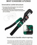 Hydraulic Crimping Tool 10 Ton With 11mm Stroke Rotating Head close-up, showing innovative collet and handle return spring.