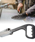 Manual Hand Pull Sheet Cutter For Metal And Plastic No Power Needed, shown cutting metal mesh in DIY workshop, close-up view.