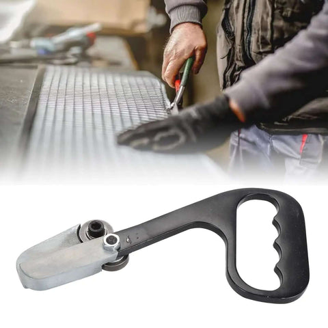 Manual Hand Pull Sheet Cutter For Metal And Plastic No Power Needed, shown cutting metal mesh in DIY workshop, close-up view.