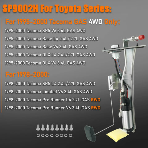 Toyota Tacoma Fuel Pump Assembly With Sending Unit SP9002H for 1995-2000 models, visible parts and specifications shown