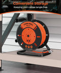 Heavy Duty Extension Cord Storage Reel With Four Grounded Outlets Built Tough Hand Wind Retractable Reel For 12/3 14/3 16/3 Gauge Cords 15 Amp Circuit Breaker ETL Listed Orange on shelf