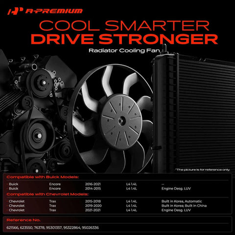 Direct Replacement Engine Radiator Cooling Fan Assembly For Buick Encore And Chevrolet Trax Inline Four Motor view showing 8 blade unit design.