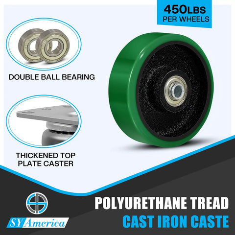 Heavy Duty 4 Inch Caster Wheels Set of 4 With Polyurethane On Cast Iron, Double Ball Bearings, 2 Rigid and 2 Swivel