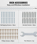 Screws and accessories for assembly including self-tapping screws, Phillips screws, serrated sockets, and a wrench.