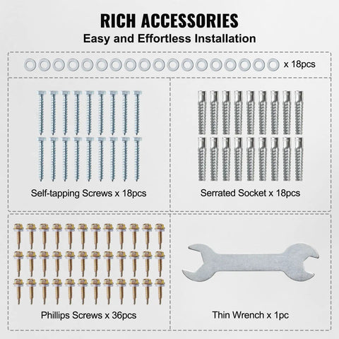Screws and accessories for assembly including self-tapping screws, Phillips screws, serrated sockets, and a wrench.
