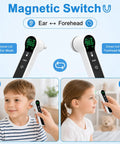 No Touch Infrared Thermometer For Forehead And Ear With 1 Second Readings, Two Modes For All Ages, Forehead Scan Or Ear Probe, Four Color Coded Fever Indicator For Quick Home Health Checks. child using infrared thermometer at ear and forehead
