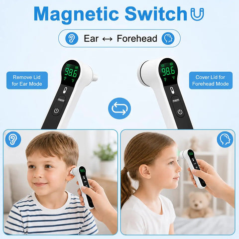 No Touch Infrared Thermometer For Forehead And Ear With 1 Second Readings, Two Modes For All Ages, Forehead Scan Or Ear Probe, Four Color Coded Fever Indicator For Quick Home Health Checks. child using infrared thermometer at ear and forehead