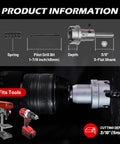 Heavy Duty Tungsten Carbide Hole Saw Kit with Pilot Bits and Hex Key, displayed with cutting depth and tool compatibility information
