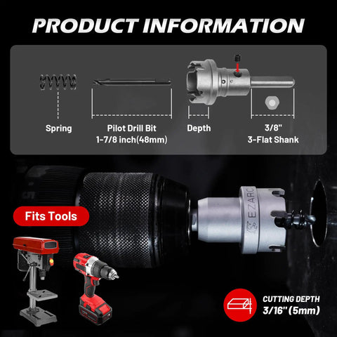 Heavy Duty Tungsten Carbide Hole Saw Kit with Pilot Bits and Hex Key, displayed with cutting depth and tool compatibility information