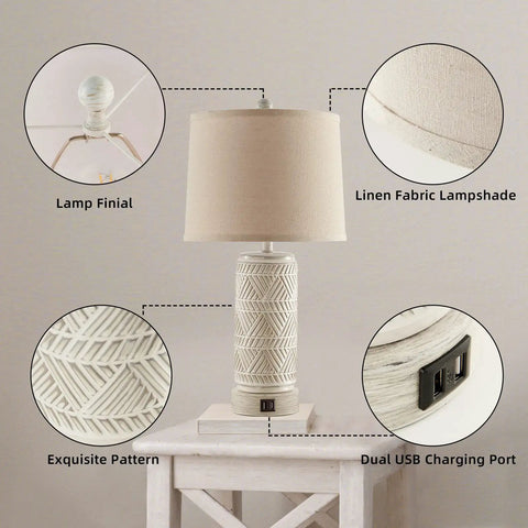 Rustic Ceramic Table Lamps Set Of 2 With 3 Way Dimmable Lighting, Dual USB Ports, Linen Fabric Shade, LED Bulbs Included