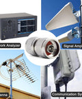 2-Pack N-Type Male To Male RF Connectors For Coax Cables shown with network analyzer, signal amplifier, antenna, and communication system.