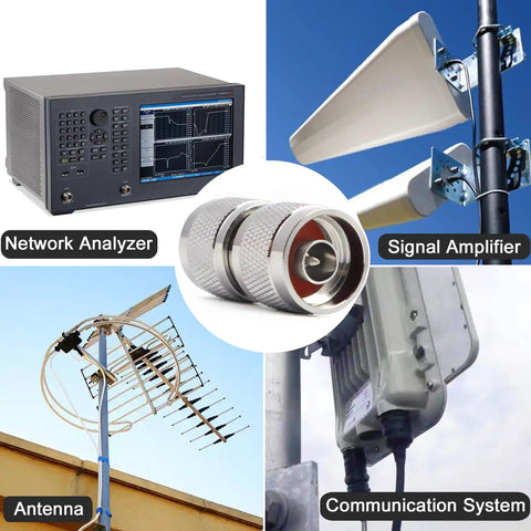 2-Pack N-Type Male To Male RF Connectors For Coax Cables shown with network analyzer, signal amplifier, antenna, and communication system.