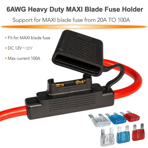 Heavy Duty Inline Blade Maxi Fuse Holder Kit With 6 Awg Wiring And Assorted Amp Blade Fuses Featuring Flippable Caps for automotive wiring.