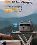Beefed Up 192Wh Portable Power Station with LiFePO4 Battery, 300W Output on folding table with laptop, scenic backdrop