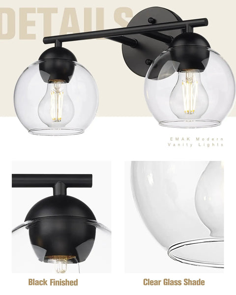 Two Light Black Bathroom Vanity Light Over Mirror With Clear Glass Globe Shades Dope Sleek Modern Bath Fixture