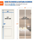 Magnetic Screen Door For 32 By 80 Inch Door Fit With 34 By 81 Inch Mesh Strong Magnetic Closure Reinforced Hook And Loop For Patio And Sliding Doors White No Sweat Setup Durable Weather Resistant Hands Free Entry For Pets, showing size guide