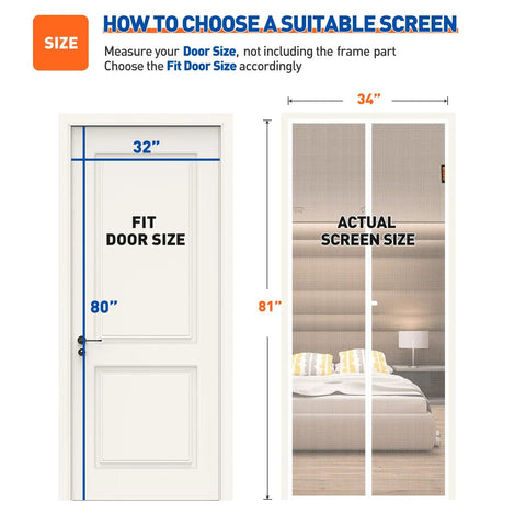 Magnetic Screen Door For 32 By 80 Inch Door Fit With 34 By 81 Inch Mesh Strong Magnetic Closure Reinforced Hook And Loop For Patio And Sliding Doors White No Sweat Setup Durable Weather Resistant Hands Free Entry For Pets, showing size guide