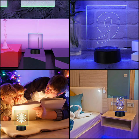 DIY Acrylic Night Light Kit With 48 Clear Sheets, 12 3D LED Lamp Bases, Remote Control And USB Cable in various settings.
