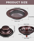 Three Piece Kitchen Sink Drain Strainer And Stopper Set Stainless Steel Garbage Disposal Plug With Handle Universal Fit Anti Clogging Filter Sieve Basket For Most 3 Point 5 Inch Drains Oil Rubbed Bronze product size dimensions