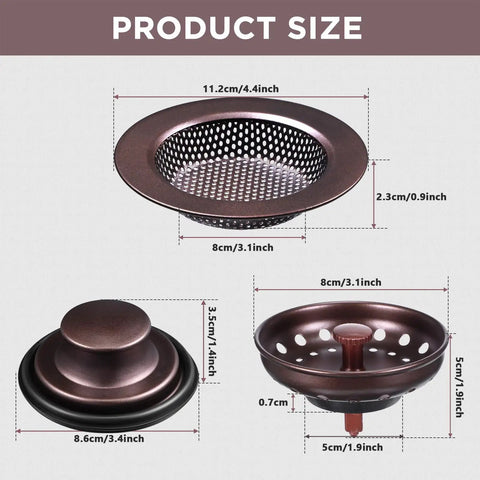 Three Piece Kitchen Sink Drain Strainer And Stopper Set Stainless Steel Garbage Disposal Plug With Handle Universal Fit Anti Clogging Filter Sieve Basket For Most 3 Point 5 Inch Drains Oil Rubbed Bronze product size dimensions