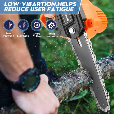 Person cutting wood with 8 Inch Mini Chainsaw Chain Set 2 Pack With Sharpening Kit For Quick Cuts, One Quarter Inch Pitch Low Profile.043 Gauge, 46 Drive Links, Fits Most 8 Inch Mini Saws.