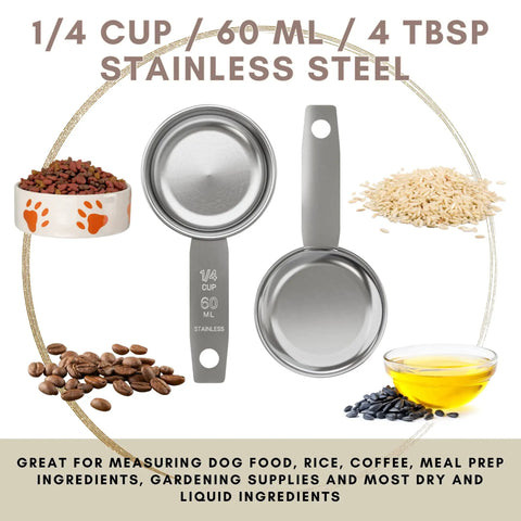 Sturdy 1/4 Cup Stainless Steel Measuring Cup for Wet and Dry Ingredients, Heavy Duty Metal Scoop, 60 ml 60 cc 2 oz, Great as a Dog Food Scoop
