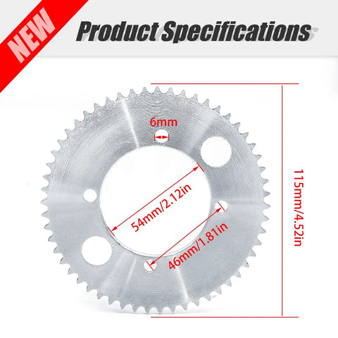 Rear Chain Sprocket 25H 55 Tooth Replacement For Razor E300 Electric Scooter showing dimensions with 54mm ID and 115mm OD