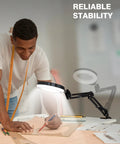 Hands Free Desk Magnifier With Light 10X And 5X Real Glass Anti Glare Lens, 5 Color Mode Stepless Dimmable LED Clamp Lamp in use