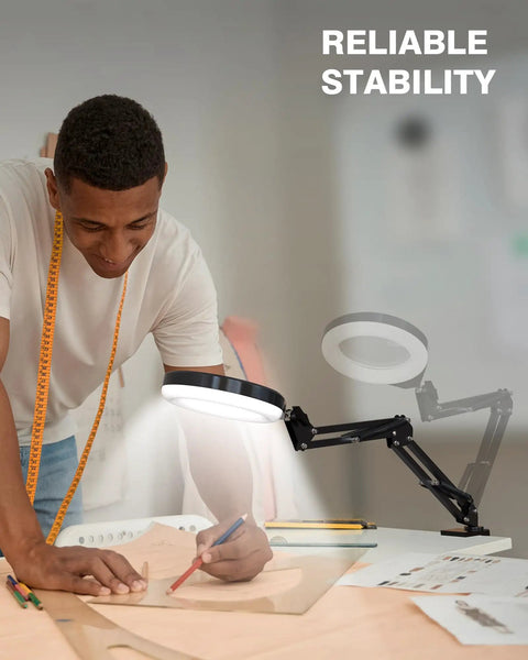 Hands Free Desk Magnifier With Light 10X And 5X Real Glass Anti Glare Lens, 5 Color Mode Stepless Dimmable LED Clamp Lamp in use