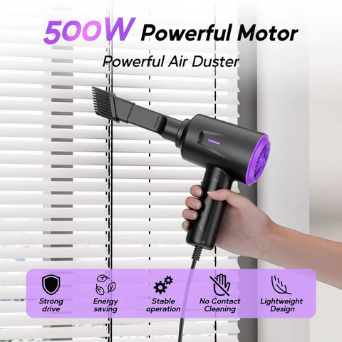 Person using Electric Air Duster And Blower For Keyboard, PC And Electronics, Lightweight Multi Use Duster, black, on blinds