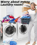 Person with laundry basket next to front-load washer and dryer, clothes piled on top.
