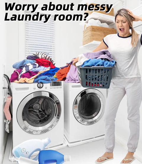 Person with laundry basket next to front-load washer and dryer, clothes piled on top.