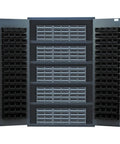 Heavy Duty Modular Shelving Cabinet With 15 Interlock Drawers And 128 Storage Bins For Warehouse Organization, front view with drawers open.